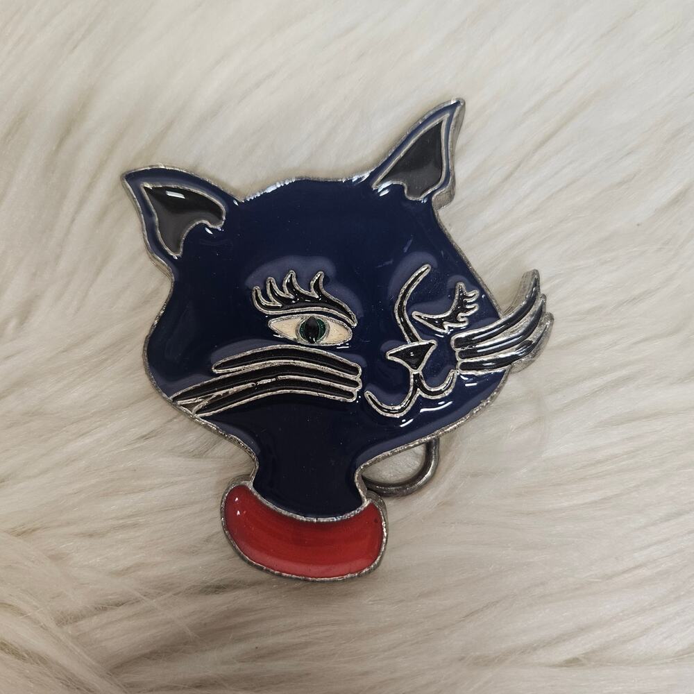 Vintage Style Cat Face Belt Buckle Navy Blue Enamel